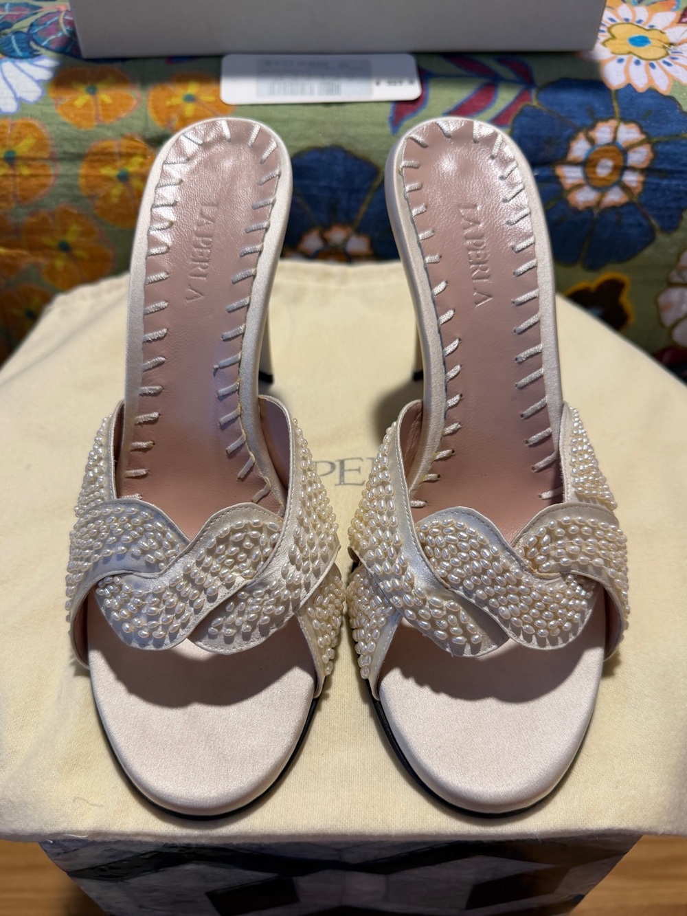 Vintage La Perla Ivory Pearl-Embellished Slide Heels